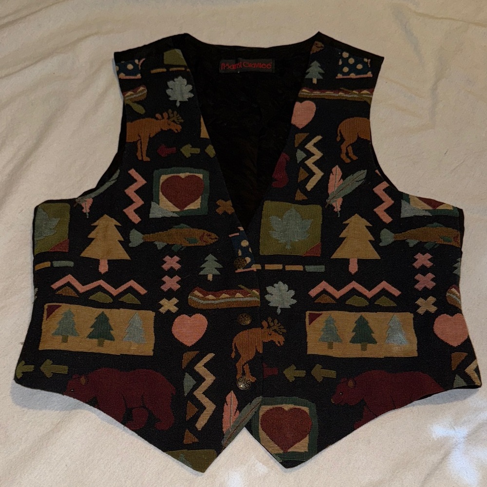 Women's Rustic Tapestry Vest - Multicolor/bears/moose/trees